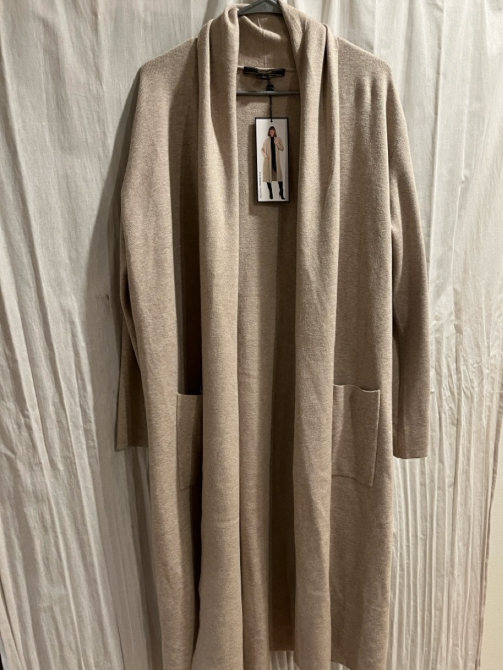 Open-Front Long Knit Cardigan in Light Taupe